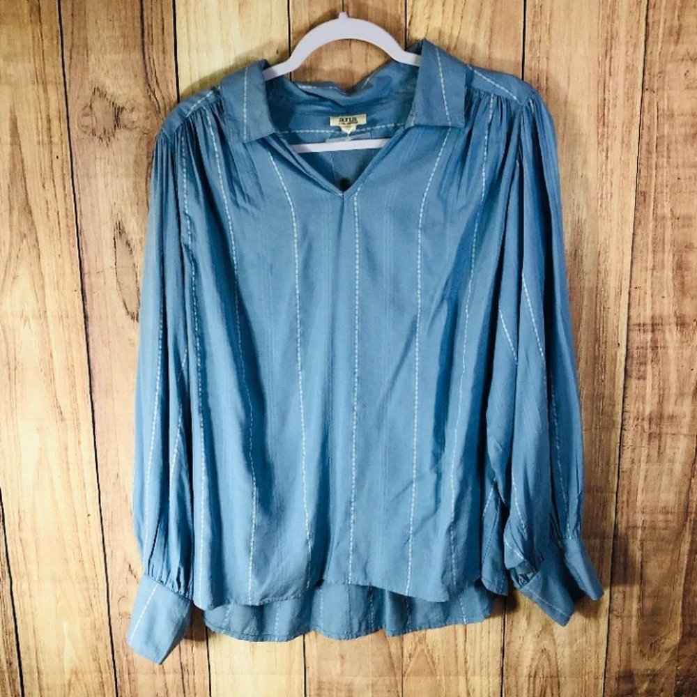 a.n.a A New Approach Striped Tie Neck Balloon Sleeve Popover Blouse Blue Size XL